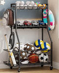 Sports Equipment & Toy Storage Rack with Wheels, 3-Tier Ball Organizer for Balls, Rackets & Sports Gear, Large Capacity with Racket Slots & Hooks, for Garage, Home Gym or Backyard – 23" W