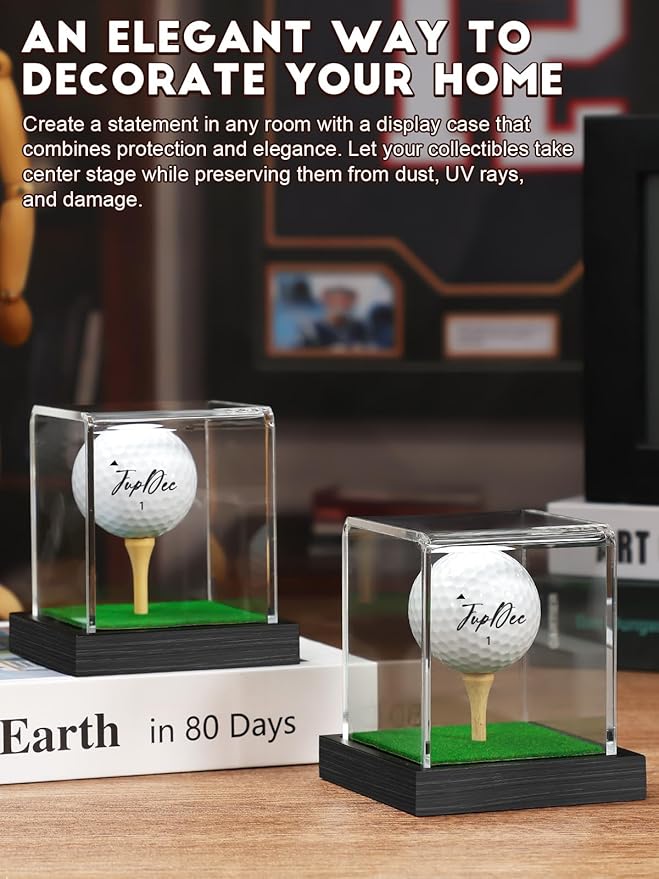 JupDec Golf Ball Display Case Clear Acrylic Memorabilia Stand Cube Holder with Wood Base & Tee, Dust Protection Transparent Storage Box for Single Ball Souvenir Golfball Collections, Black, 1 Pack