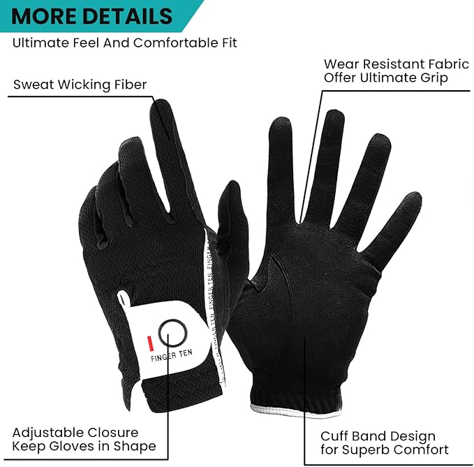 FINGER TEN Men's Golf Gloves for Right Left Handed Golfer Rain Grip Value 2 Pack, Golf Glove for Left or Right Hand Hot Wet Weather No Sweat Black Gray White Blue