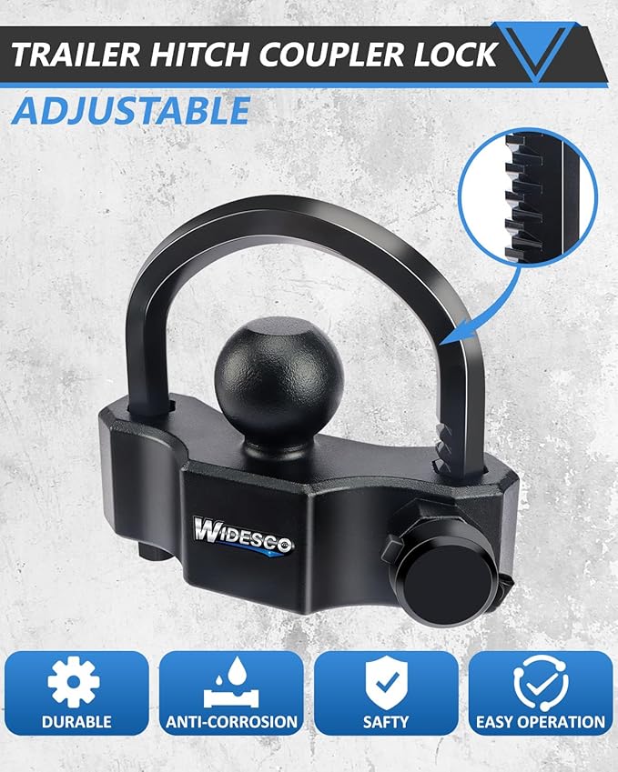 Trailer Lock Universal Trailer Hitch Locks, Adjustable Heavy-Duty Trailer Coupler Ball Lock Fit 1-7/8 Inch, 2 Inch, 2-5/16 Inch Couplers with 2 Keys Alike, Black