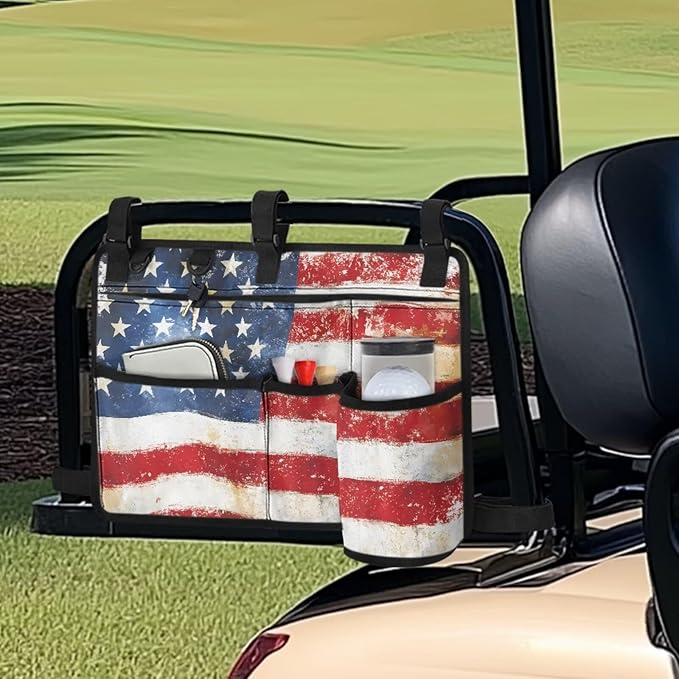 American Flag Golf Cart Bag, Golf Cart Rear Seat Organizer with Open Pockets for Golf Balls & Bottles