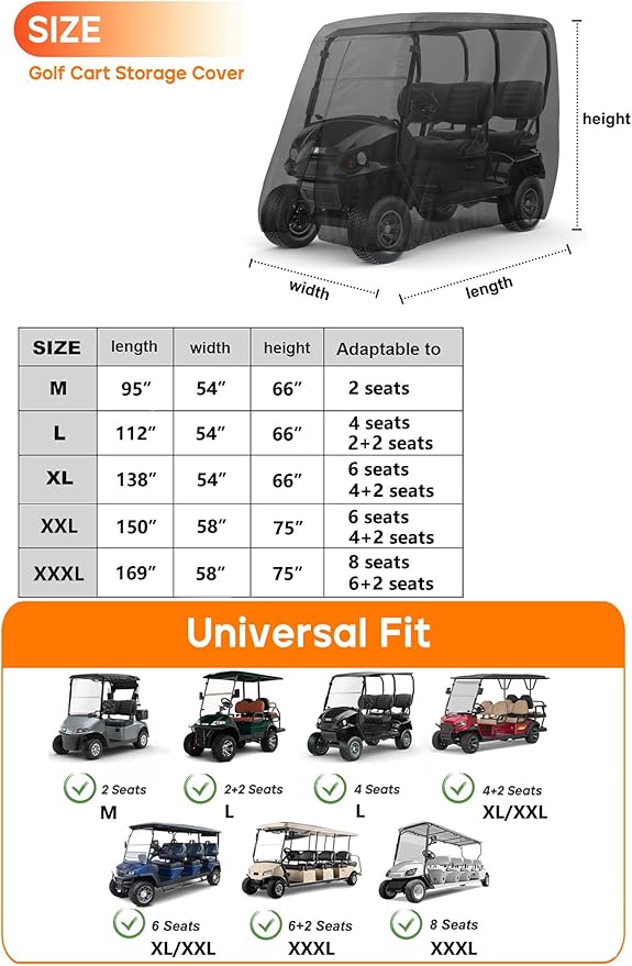 Golf Cart Cover 2 Passenger Heavy Duty, 420D Waterproof Golf Cart Covers Extended Roof Compatible with EZ GO Club Car Yamaha Golf Carts, Outdoor Dustproof 2 Seat Club Car Cover (Up to 95 Inch)