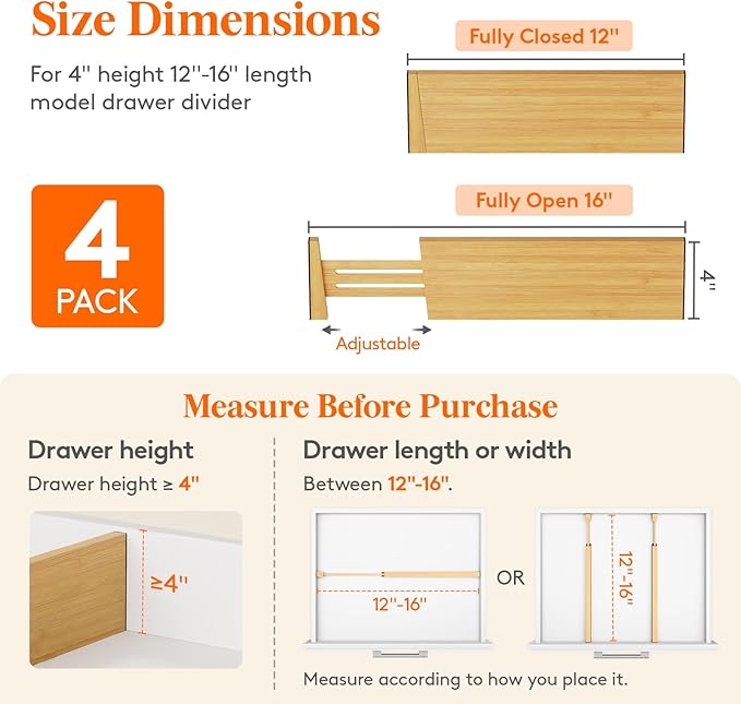 Lifewit 4 Pack 4" High Bamboo Drawer Dividers, 12-16" Adjustable Drawer Organizers for Clothes, Wood Dresser Drawer Divider, Expandable Deep Drawer Separators for Dresser, Kitchen, Bedroom, Bathroom