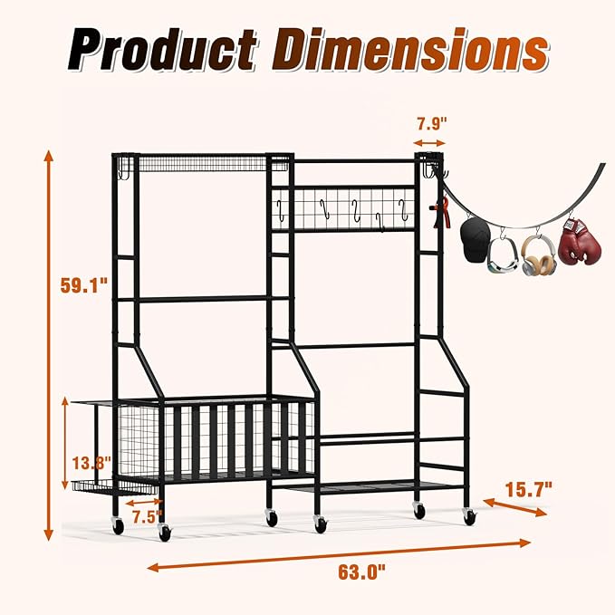 Sports Equipment Organizer Pro, Heavy Duty Golf Bags Stand, Extra Large Ball Storage Rack for Garage, Sports Gear Storage with Pegboard and Hooks, 360° Swivel Wheels