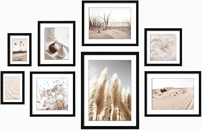 ArtbyHannah Gallery Wall Frame Set, 8 Pack Picture Frames Collage Wall Decor with Neutral Pampas Grass Art for Living Room, Assorted Size Including 11"x14", 8"x10", 5"x7"(Black Frame)