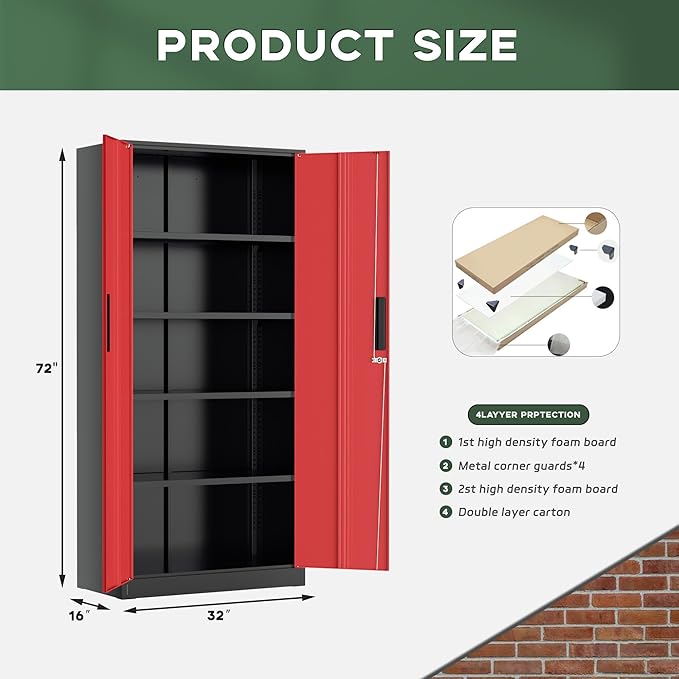 Greenvelly Metal Garage Storage Cabinet, 72" Black Red Tool Steel Locking Cabinet with Doors and 4 Shelves, Tall Cabinets for Garage Storage Systems Lockable File Cabinet for Home Office,Garage