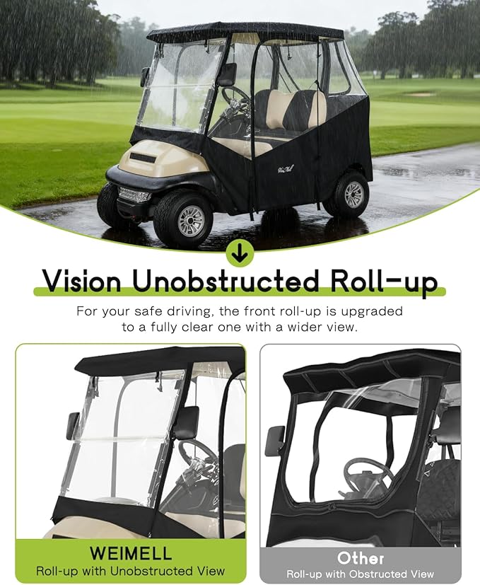 Golf Cart Enclosure 2 Passenger for Club Car Precedent Tempo Onward 2-Person Seaters 600D Waterproof Transparent Driving Rain Cover with 4-Sided Clear Windows Mirror Zipper Roll-Up Door Black