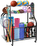 Garage Sports Equipment Organizer, Ball Storage Rack,Garage golf Organizer with Basket and Hooks,Rolling Sports Ball Storage Cart for Toy Gear Storage (45.71 inch)
