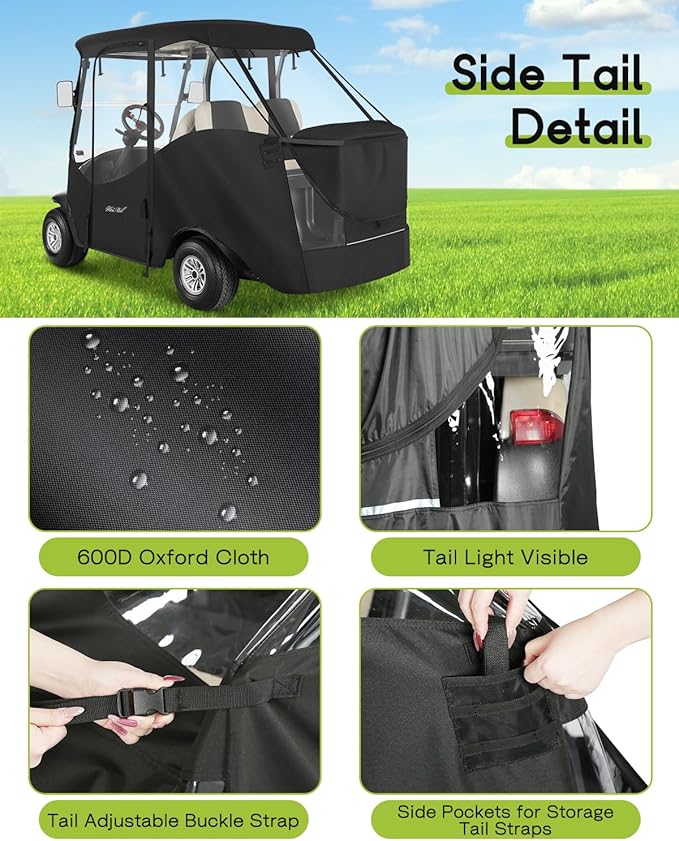 4 Passenger Golf Cart Enclosure for Club Car Precedent Tempo Short Roof 2+2 57.5" Waterproof Windproof Driving Rain Cover 4-Seater with 4-Sided Clear Windows Roll-up Zipper Door Black