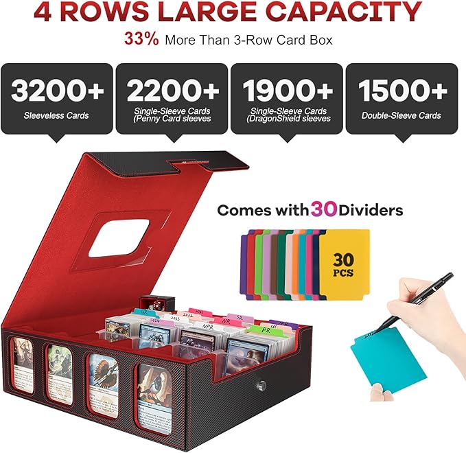 Card Storage Box 3200+ MTG Deck Box with 30 Colorful Divider, 4 Row Commander Trading Card Cases with Portable Handle & Display Windows, Fits for MTG/TCG/Magic Cards, Patented Design