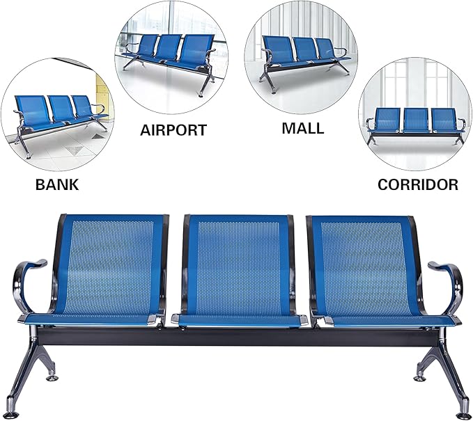 3-Seat Waiting Room Chairs - Waiting Room Bench with Arms Airport Reception Bench Guest Reception Chairs Lobby Bench Waiting Area for Airport Market Bank Hospital School Barbersho, Blue