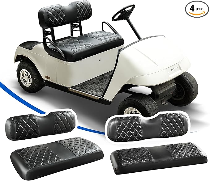 NOKINS 4PCS Golf Cart Diamond Seat Covers Kit, Front&Rear Seat Covers Fits EZGO TXT 1994-2013/EZGO RXV Standard Seat Cushion, EZGO Vinyl Seat Cover Accessories, No Staples(Black&Black Stitch)