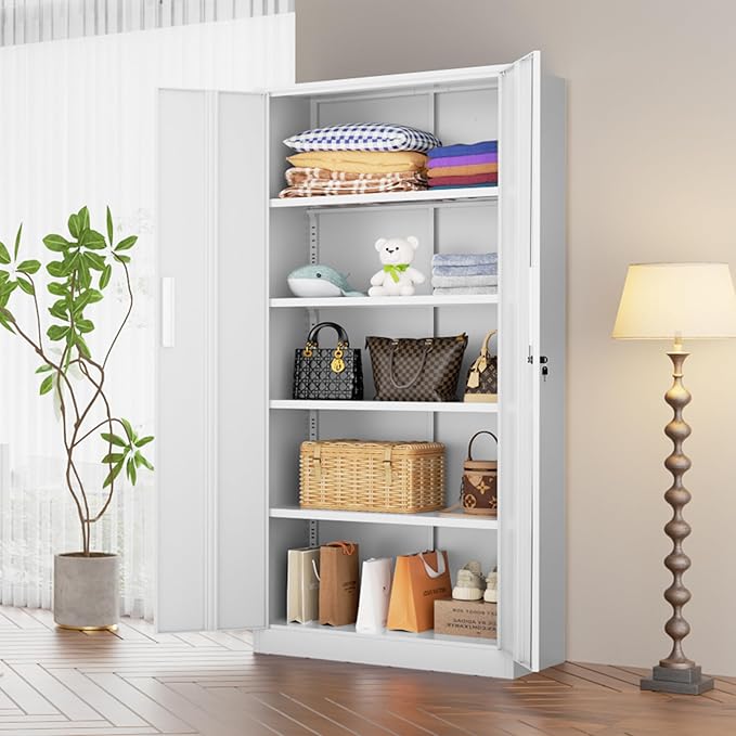 SUNCROWN 72" Metal Storage Cabinet - Heavy-Duty Metal Garage Cabinet with 4 Adjustable Shelves & 2 Doors for Tools, Office, Home, Workshop,White-Small
