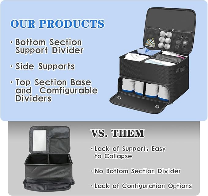 Golf Trunk Organizer for Car, Foldable Golf Storage Box with Ventilated Shoe Compartment, Holds 2 Pair Shoes, Balls, Cap, Gloves, Clothes 17.7x13.3x9.4 inch Car Organizer for Golf Gear (Black)