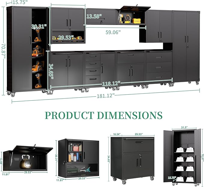 Metal Tool Cabinet,Garage Storage Cabinet System,Wall Cabinet & Locking Rolling Tool Cabinet with Doors and Adjustable Shelves,Steel Tool Cabinets for Home (10 Pcs-StyleA, Black)