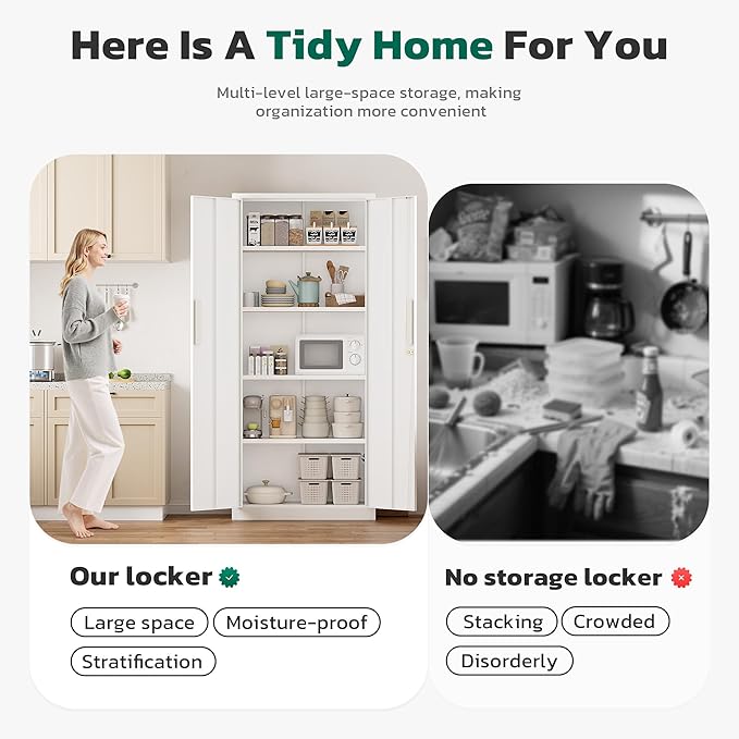 Greenvelly Metal Pantry Cabinet, 63”Tall White Kitchen Pantry Storage Cabinets with 2 Lock Doors and 4 Adjustable Shelves for Home Office, Dinning Room,Garage
