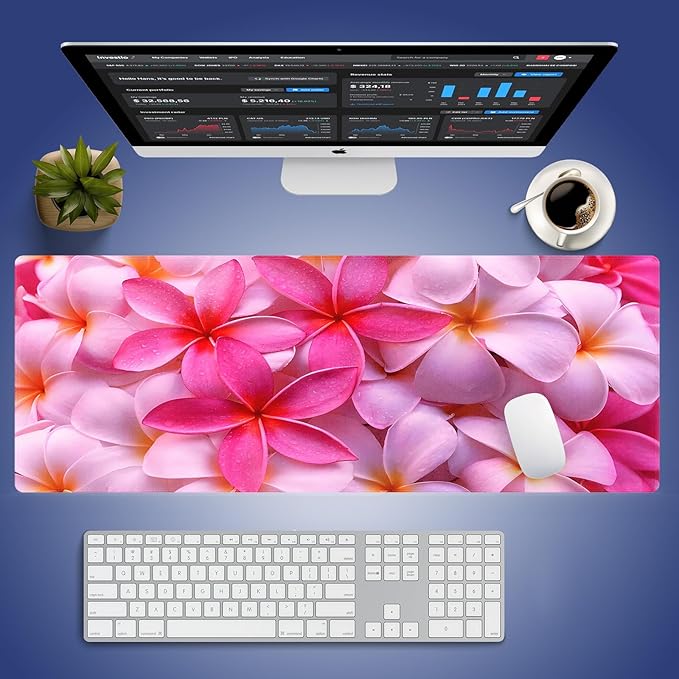 Wknoon. Extra Large Gaming & Office Mouse Pad (31.5" x 11.8") with Durable Stitched Edges – Girly Tropical Plumeria Flowers Bliss Close-up of Vibrant Red Hot Pink Exotic Hawaii Floral, XXL Desk Mat