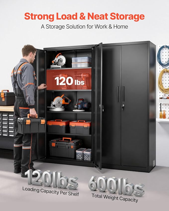 VEVOR Metal Storage Cabinet, Steel Garage Cabinet with Lockable Magnetic Doors and Adjustable Shelves, 2 Keys, 5-Tiers Tall Tool Cabinet Locker for Home, Office, Pantry, Warehouse, Laundry, Black