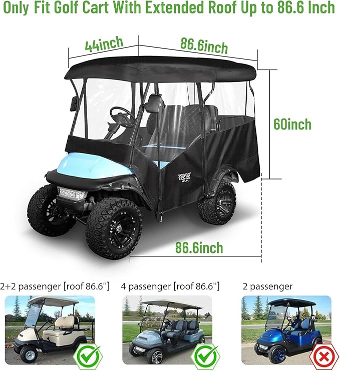 10L0L 4 Passenger Golf Cart Enclosure - 86" Roof Fit, Universal Golf Cart Cover for Yamaha Club Car EZGO,Waterproof 600D Rain Cover,Transparent Tail Light Panel,Foldable Door,4-Sided Clear Windows