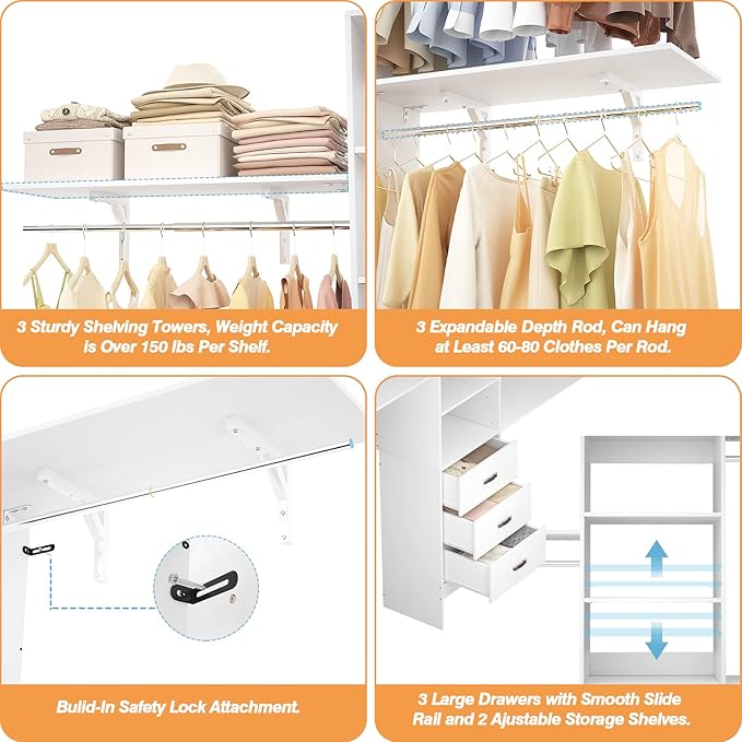 8FT Closet System, 96'' Closet Organizer System with 3 Hanging Rods, Wall Mount Bedroom Wardrobe with 3 Drawers Walk-in Closet, Adjustable Cloth Garment Rack from 5 to 8FT (Cut to Fit), White