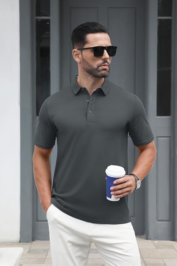 MAGCOMSEN Men's Polo Shirts Short Sleeve Cotton Pique 3 Button Classic Fit Casual T-Shirt Performance Golf Shirts