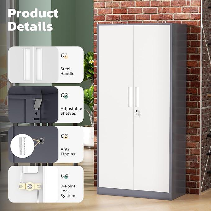 Metal Lockable Storage Cabinet, 72” Storage Cabinet with 2 Doors and 4 Adjustable Shelves for Office, Home, Garage, Pantry (Assembly Required, Grey White)