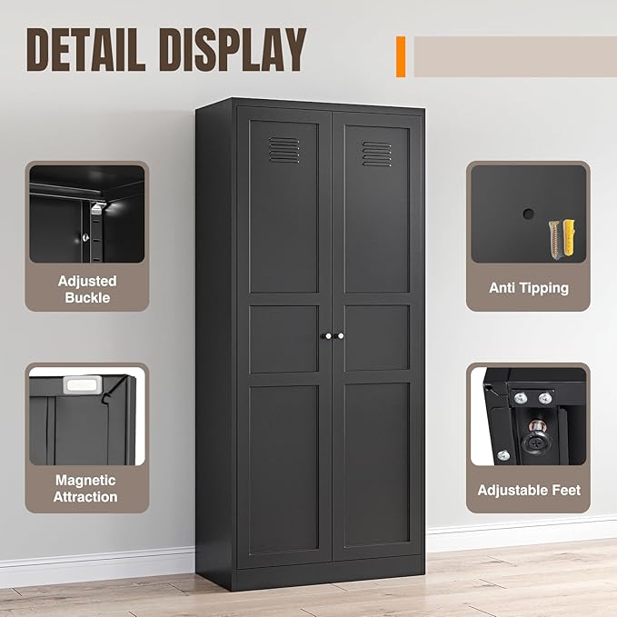 Yizosh Metal Storage Cabinet with 2 Doors and 5 Adjustable Shelves - 71" Black Kitchen Pantry Storage Cabinet, 5-Tier Tall Steel Cabinet Locker for Kitchen, Living Room, Dining Room