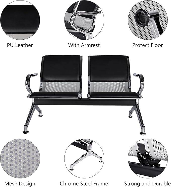 Kinfant Waiting Room Chair Bench - Guest Reception Chairs for Airport Hospital Bank Salon Barber Hall Room Conference (2-seat, Black-Mesh+PU)