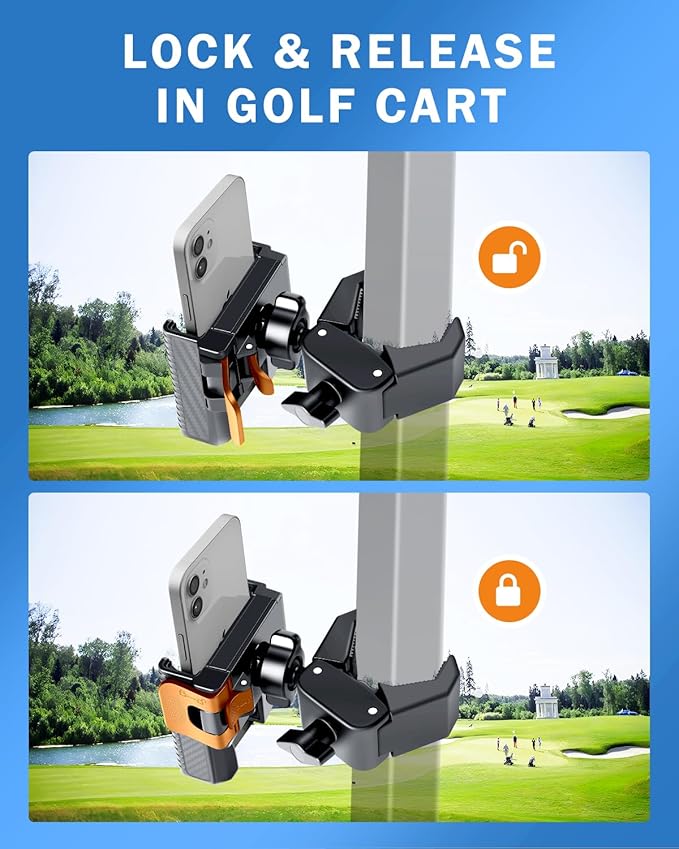 [Upgrade] Golf Cart Phone Mount Holder [Military-Grade Sturdy] with Security Double Lock Compatible with EZGO/Club Car/Yamaha, -360° Rotation with Anti-Scratch Pad [Big Phones & Thick Cases Friendly]