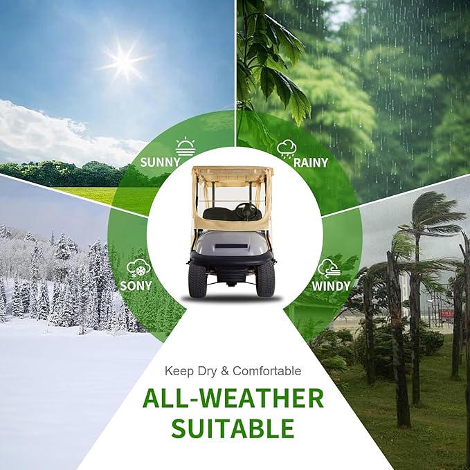 Tecoom Golf Cart Enclosure 2 Passenger, Rain Cover 600D Oxford Waterproof Snowproof, 4 Door Zippers, Clear Windows & 8 Windproof Hooks, Fit for EZGO, Yamaha, Club Car, 59'' Roof Length, Beige