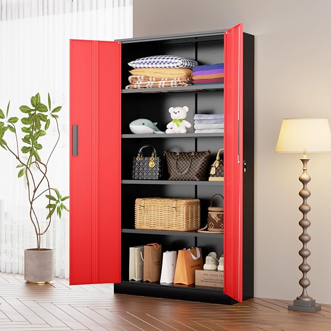 INTERGREAT Metal Storage Cabinet, 72" Locking Steel Cabinets with 2 Door and 4 Adjustable Shelves, Tall Metal Cabinet for Home Office, Garage, Warehouse,(Black+Red)