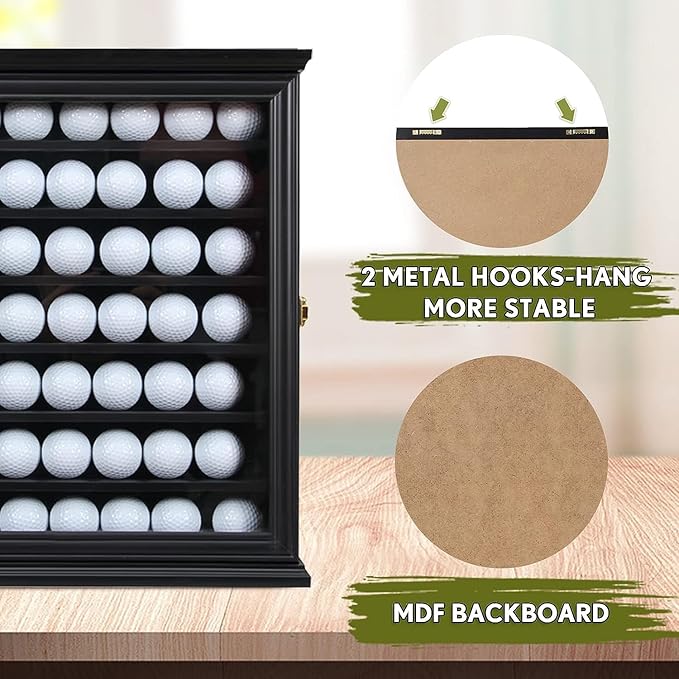 49 Golf Ball Display Case Wall Mount Cabinet Lockable Real Glass Door Solid Wood Frame 98 UV Protection Great Golfer Gift 17.4" H x 14.5" W x 3" D Indentations to Prevent Rolling