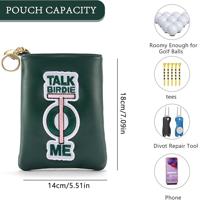 PINKTEE Golf Valuables Pouch Funny Golf Accessories Bag with Zipper Master Green Premiun Leather Golf Tee/Ball Pouch for Women Men (TALK BIRDIE TO ME, Pink stripe)