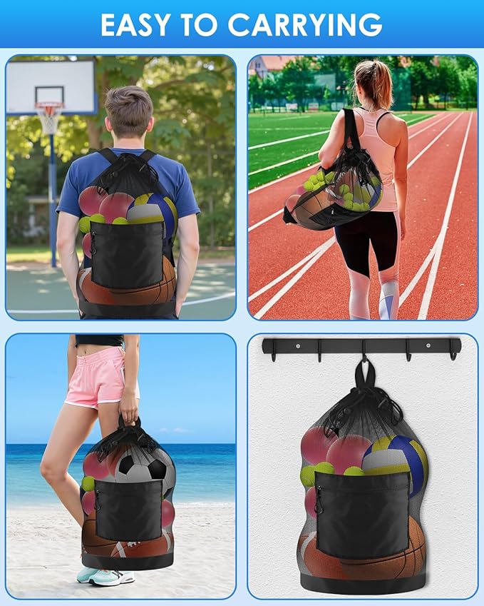 BROTOU Soccer Ball Bag with Double Shoulder Strap Large Mesh Sports Equipment Net Bag with Top Handle Heavy Duty Drawstring Bags Team Work for Basketball, Volleyball, Baseball, Swimming Gear