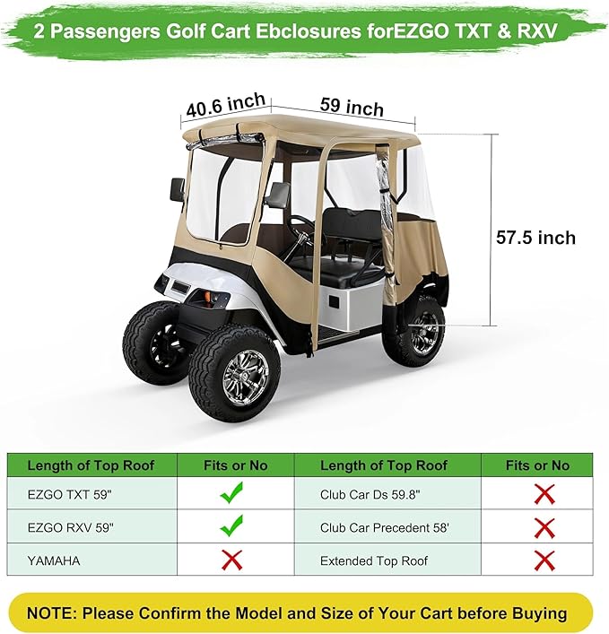 10L0L 2/4 Passenger Golf Cart Driving Enclosure for EZGO TXT/RXV Model, 4-Sided Clear Window 600D Rain Cover All Weather Windproof Waterproof - Black/Beige