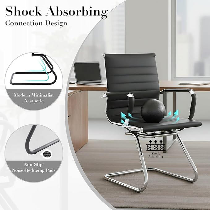 CIMOTA Waiting Room Chairs Leather Office Guest Chair Mid Back Reception Chairs with Sled Base for Meeting/Patient/Conference Room, Black Set of 8