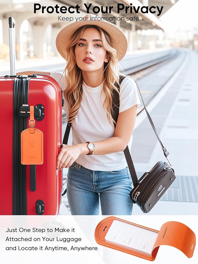 Luggage Tags Built-in Anti-Loss Tracker, Luxury Leather Luggage Tags for Suitcase, Travel Bags, Backpacks, Travel Organizer for Lost Baggage Prevention (Orange)