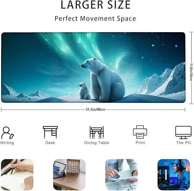 Polar Bear Gaming Mouse Pad Gifts 31.5" x 11.8", Non-Slip Rubber Base MousePads for Computers Laptop School Office Home Accessories Decor, Mouse Pad, Keyboard Desk Mat