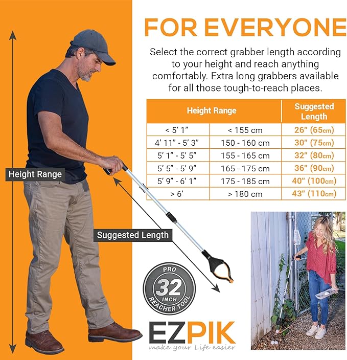 EZPIK® Grip Aid Tool Grabber Reacher + Magnets - Grabbers for Seniors, Trash Picker Upper Grabber - Trash Grabber Tool- Reacher Grabber Pickup Tool (Silver, 32″ (Pack of 2))