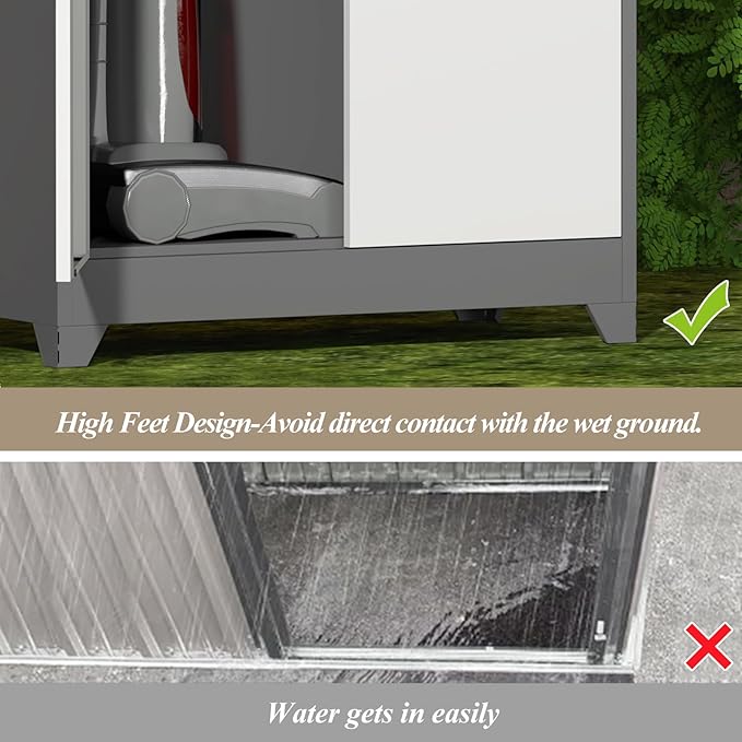 GREATMEET 72.8" Outdoor Broom Storage Cabinet, Metal Storage Cabinets for Cleaning Supplies with Slanted Roof, Waterproof Outdoor Slim Shed,Utility Closet for Broom Mop, Grey&White