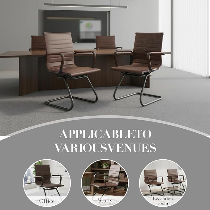 CIMOTA Waiting Room Chairs Set of 6 Leather Office Guest Chair Mid Back Reception Chairs with Sled Base for Meeting/Patient/Conference Room, Retro Brown, 6PCS