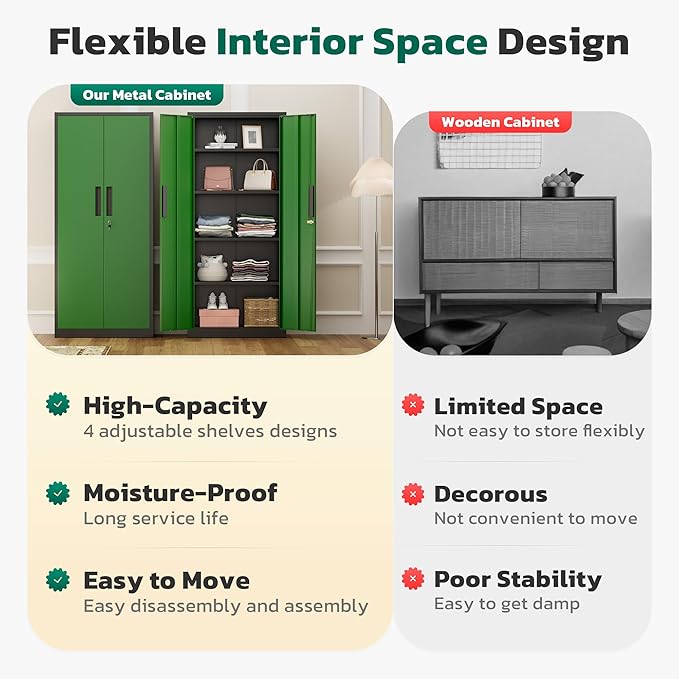 Greenvelly 63" H Metal Storage Cabinet Black Green, Locking Metal Cabinet, Store Tools, Clothes, Tableware and Toiletries, Garage Cabinets with Adjustable Shelves for Office, Home, Garage, Pantry