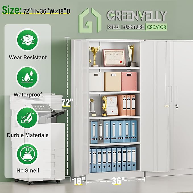 Greenvelly Metal Storage Cabinet with 2 Doors and 4 Adjustable Shelves,72" White Metal Cabinet,Steel Cabinet Locking Cabinets with 2 Keys for Office,Home, Garage, Gym, School