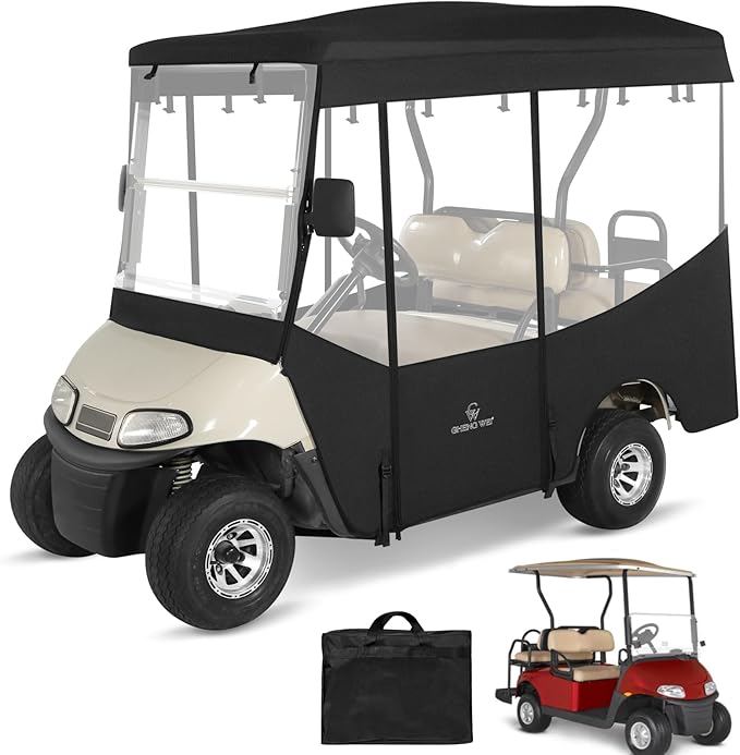Golf Cart Enclosures 4 Passenger 80“ Extended Roof for Ezgo RXV,600D Clear Rain Cover Driving Enclosure 4 Seater,Full Roll Up 4 Sided Transparent Windows&Door Heavy Duty Zipper,Side Mirrors Openings