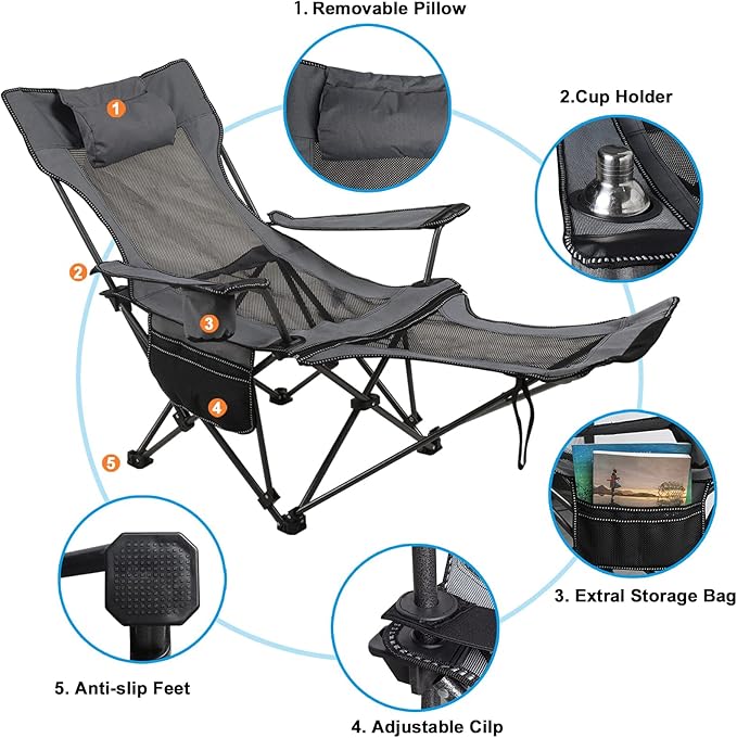 LEADALLWAY Camping Folding Chair with Foot Rest, Collapsible Camp Chair with Cup Holder and Removable Storage Bag, Heavy Duty Beach Chair for Outdoor Camp, Picnic, Travel, Fishing