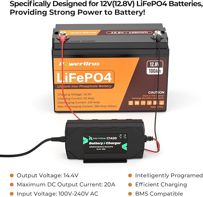 12V 100Ah LiFePO4 Battery with 12V 20A LiFePO4 Battery Charger, PowerUrus 4000-8000 Cycle Rechargeable Lithium Battery with Smart APP, 12V 100Ah Lithium Battery for RV, Marine, Off Grid Application