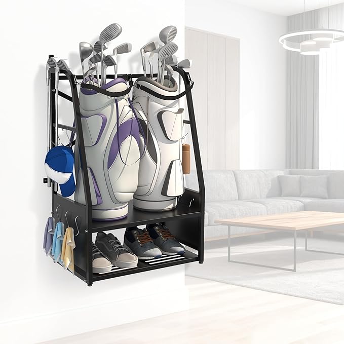 Golf Bag Organizer - Wall Mount & Freestanding - Holds 2 Golf Bags w/ 4 Club Racks, 10 Hooks & Storage Shelf - Golf Bag Stand w/Adjustable Feet for Garage, Store, Club, Shed