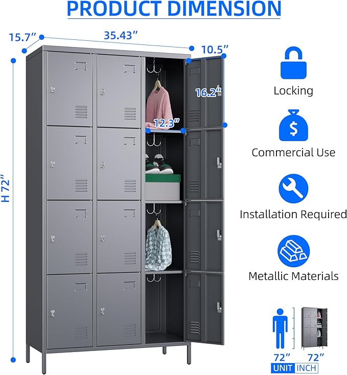 METAN Metal Locker for School Office Gym Bedroom, 12 Doors Steel Storage Locker Cabinet for Employees, Industrial Storage Locker, Assembly Required,Dark Gray