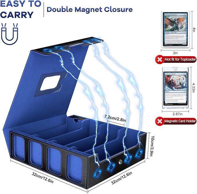 3200+ Trading Card Storage Box with Commander Display, 4-Row TCG Card Box with Portable Handle, Compatible for TCG/MTG/Magic Cards, 30 Colorful Divider, 8 Supporters, US Design Patent (Black&Blue)
