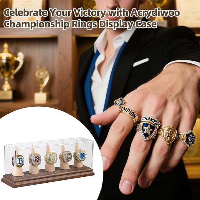 Championship Ring Display Case Baseball Softball Football Ring Holder for 5 Rings Wanult Wood Base Acrylic Sports Ring Display Case Stand for Men Wooden Ring Box for Women Memorabilia Showcase Cube